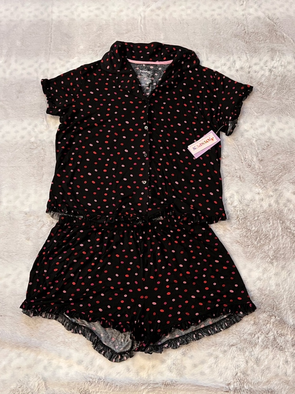 Joyspun Black & Pink Lip-Print Short Pajama Set